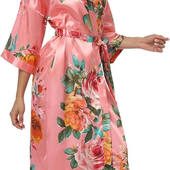 Women's Floral Kimono Robes Bridal Party Satin Long Length Bathrobes Silk Sleepw - Picture 2 of 6